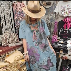 RB18 A Rare Bird Blue Butterfly Graphic T-Shirt Dress